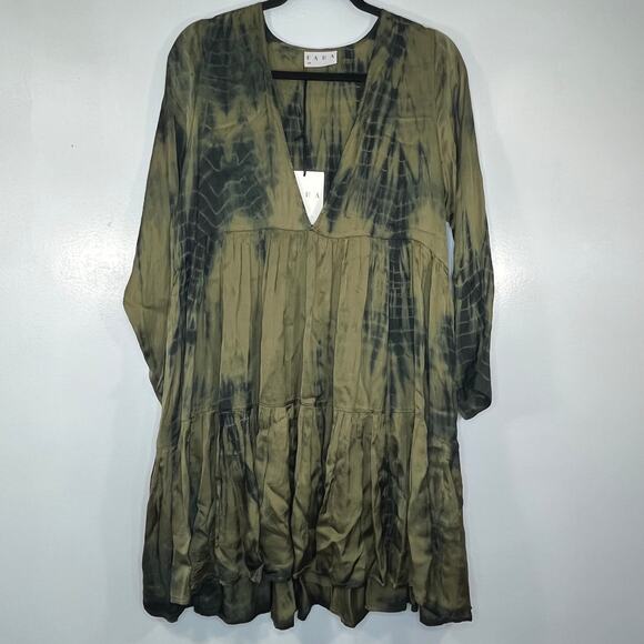 Fara Dresses & Skirts - FARA RUNE MINI DRESS OLIVE TIE DYE Satin Size SM Long Sleeve Tiered Boho Beach